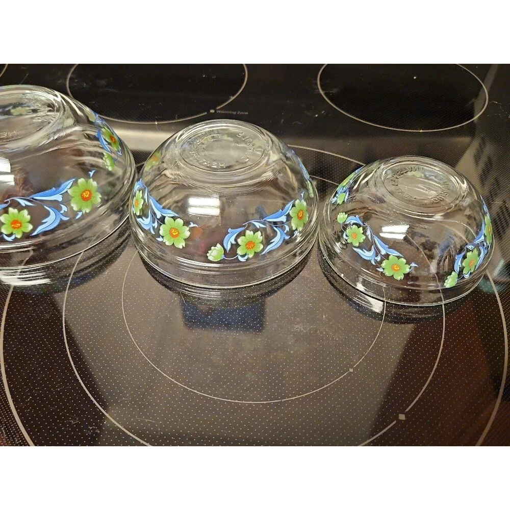 Set Of 4 Imperial Glass Green Sunflower Blue Leaves Nesting Bowls EUC